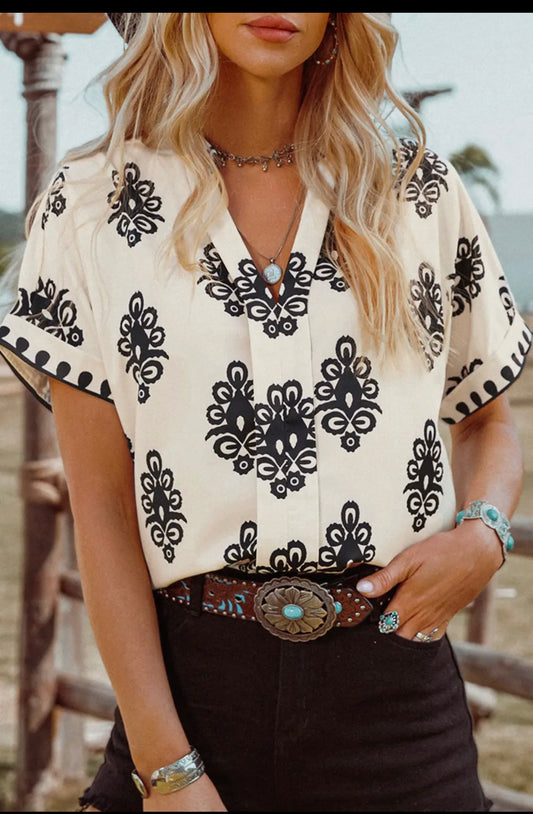 Fashion Boho Geometric Print Short Sleeve V Neck Blouse