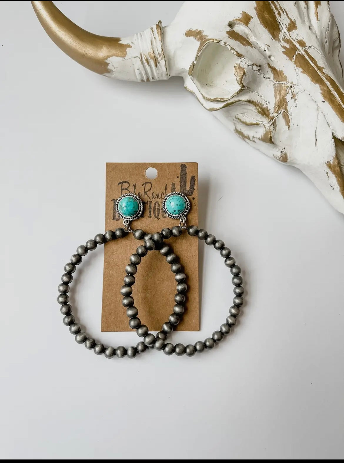 Navajo Style Pearl Hoop Earrings with Turquoise Colored Stone