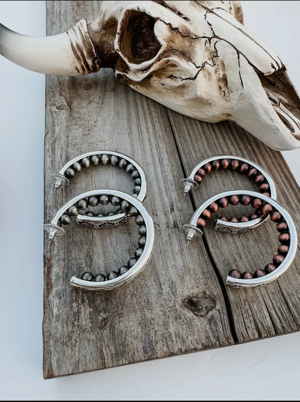 Western Navajo Style Pearl with Aztec Pattern Hoop Earrings