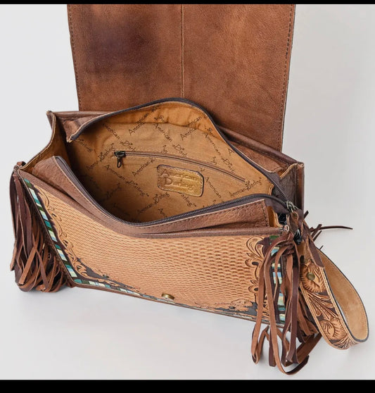 American Darling Cactus Turquoise Stone Tooled Genuine Leather Crossbody
