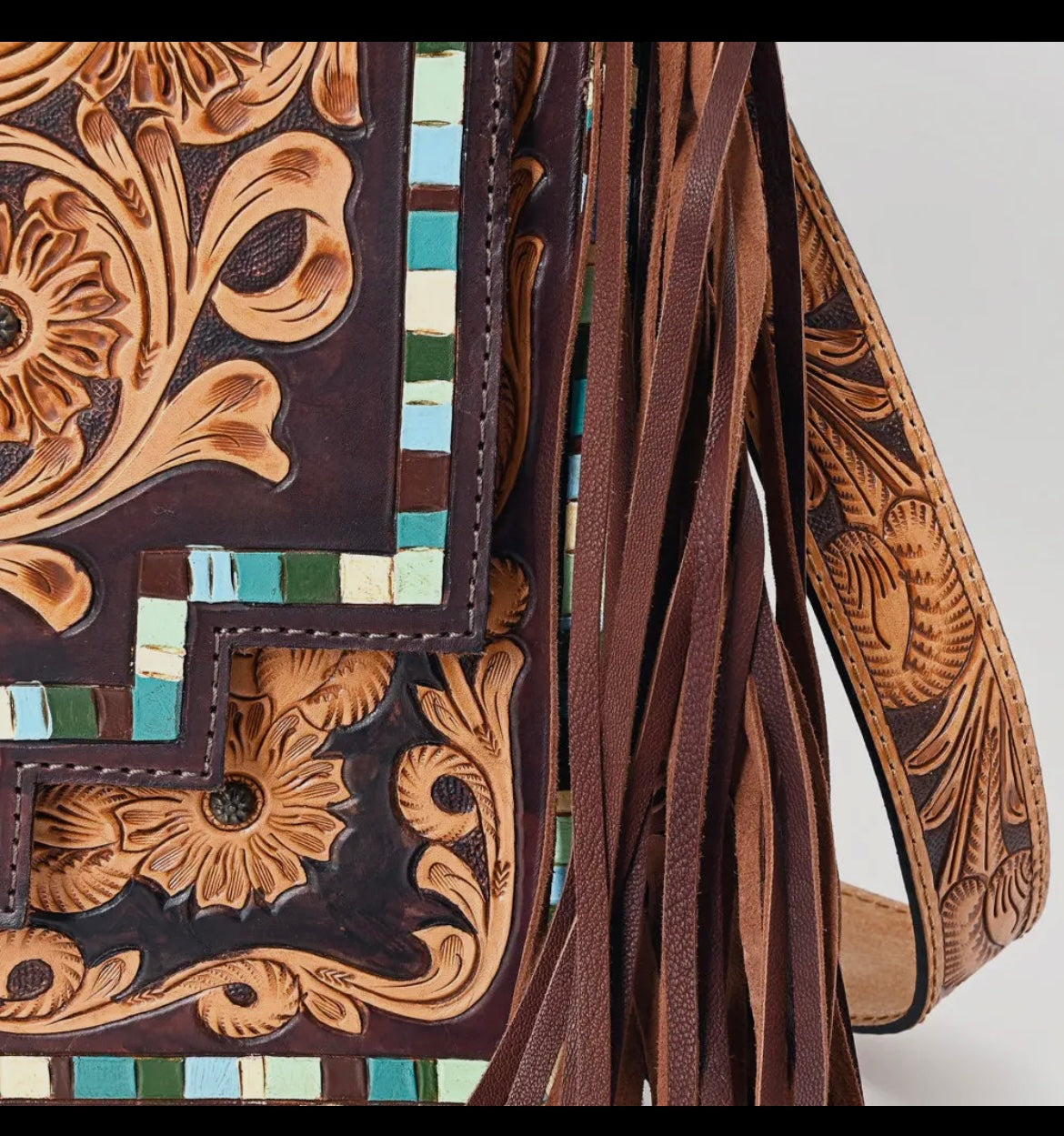 American Darling Cactus Turquoise Stone Tooled Genuine Leather Crossbody