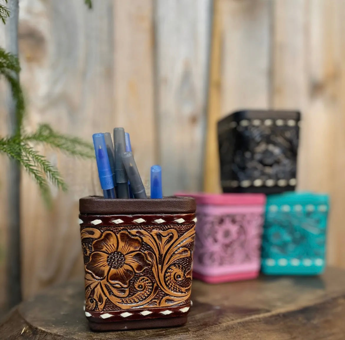Tooled leather pen holder
