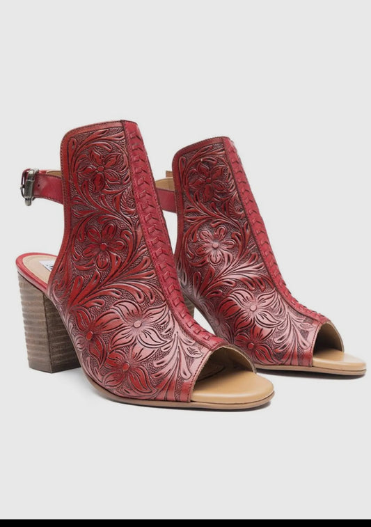 Myra Red Tooled Leather Heels