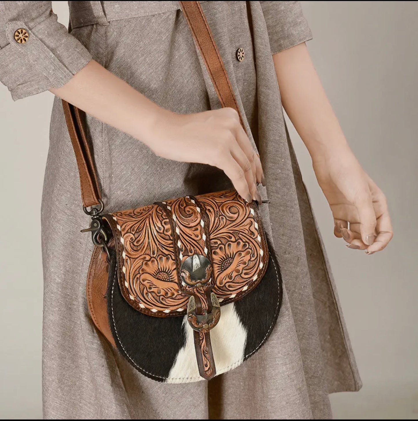 American Darling Tooled Leather and Cowhide Crossbody