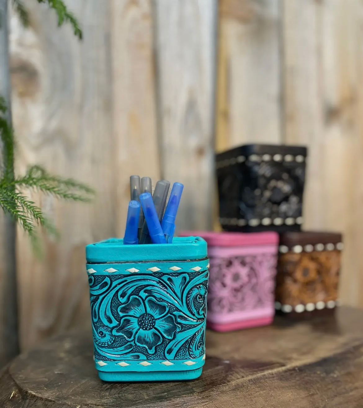 Tooled leather pen holder