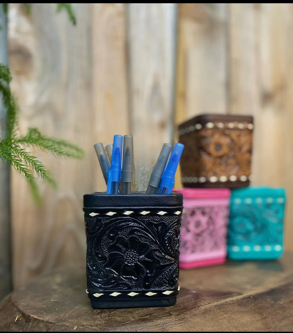 Tooled leather pen holder