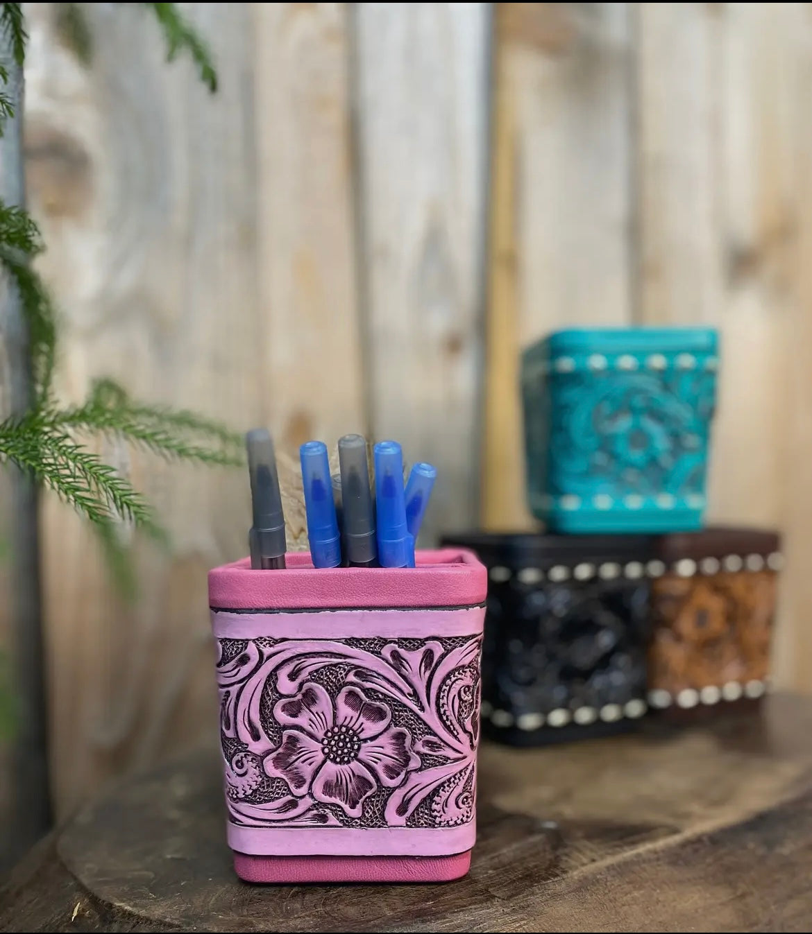 Tooled leather pen holder