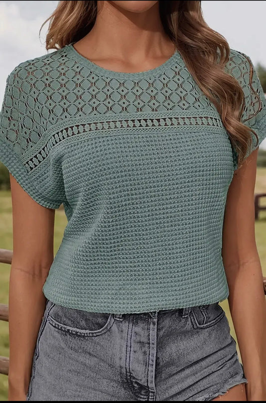 Lace Patchwork Waffle Short Sleeve Top