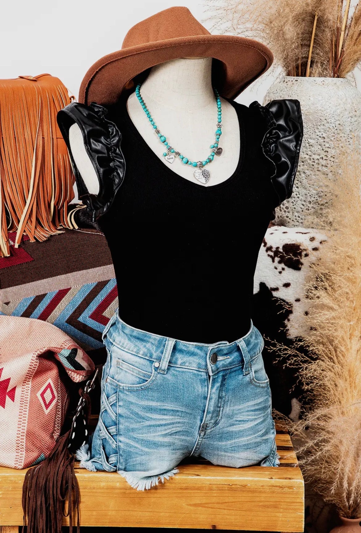 Leather Ruffle Sleeve Ribbed Bodysuit