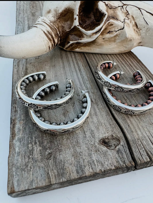 Western Navajo Style Pearl with Aztec Pattern Hoop Earrings