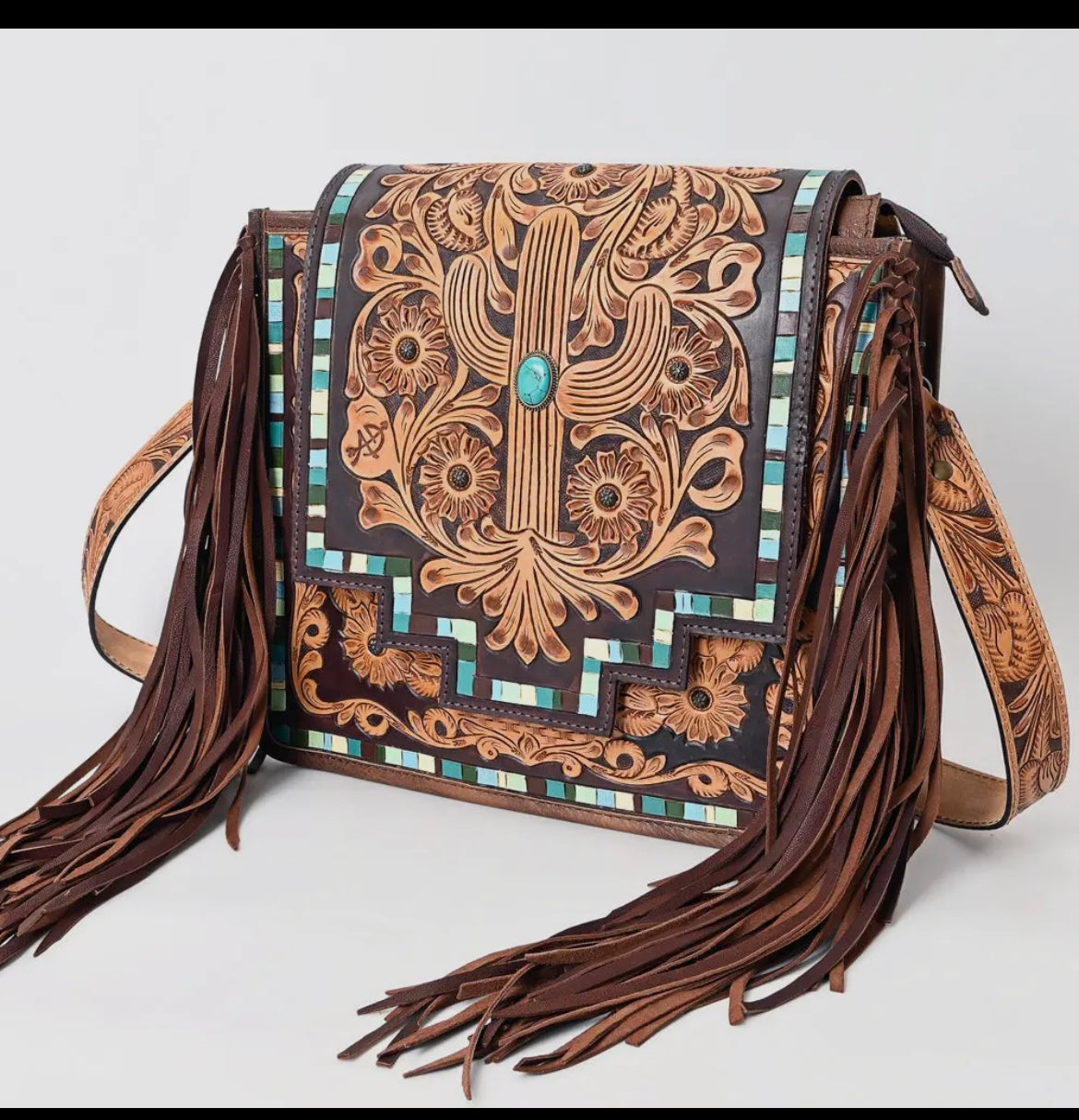 American Darling Cactus Turquoise Stone Tooled Genuine Leather Crossbody