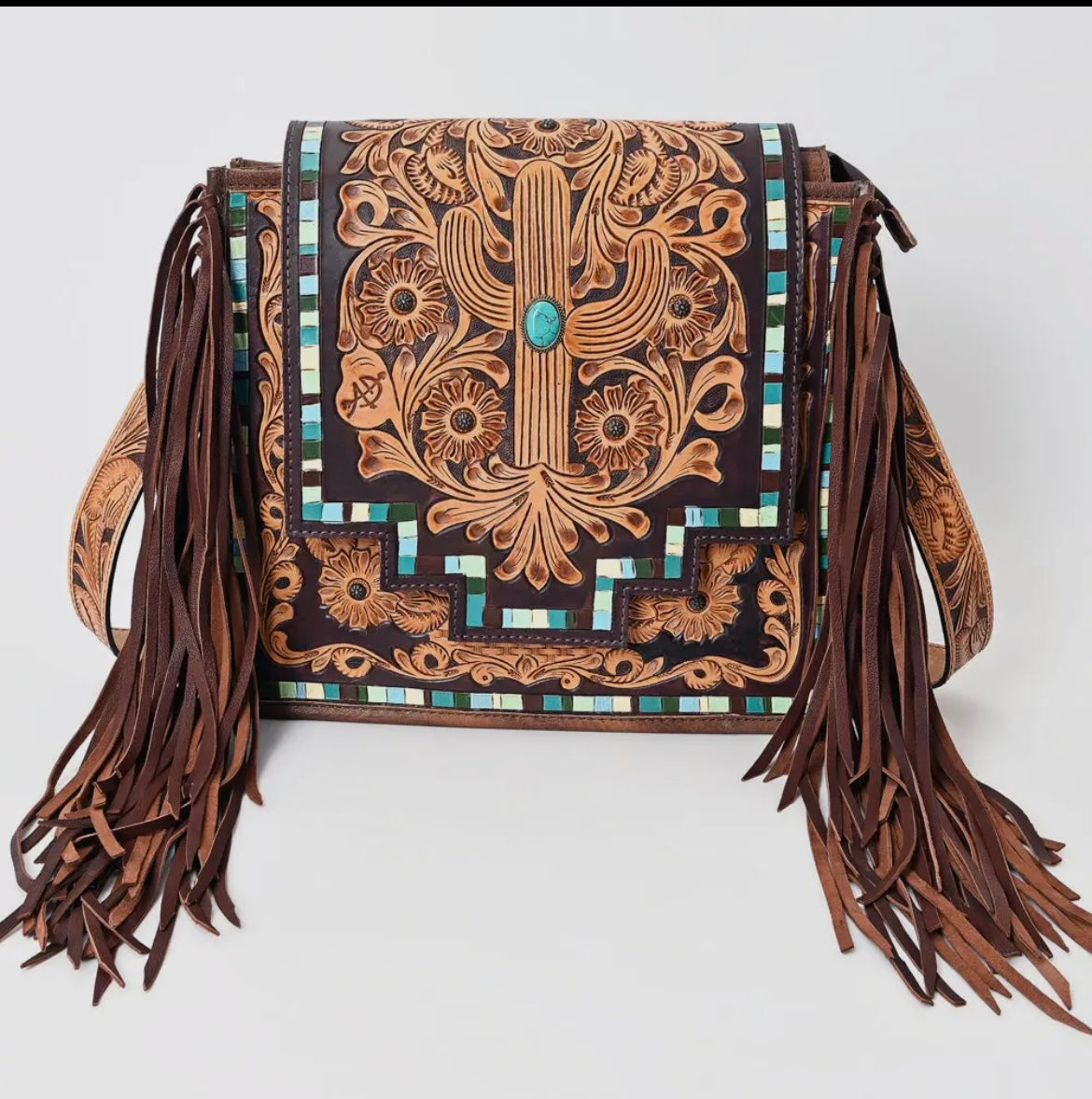 American Darling Cactus Turquoise Stone Tooled Genuine Leather Crossbody