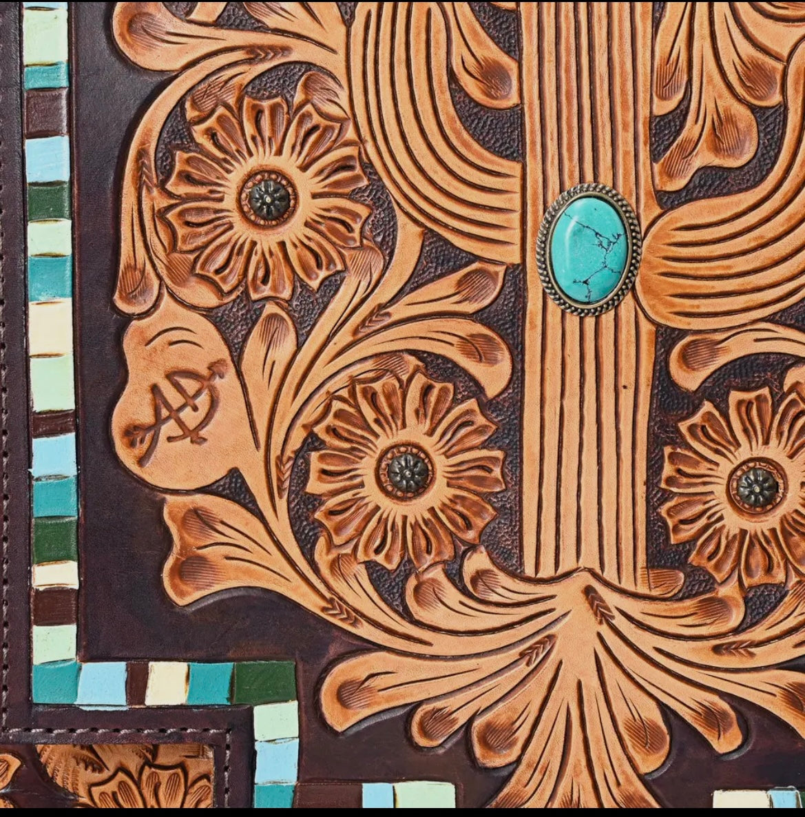 American Darling Cactus Turquoise Stone Tooled Genuine Leather Crossbody