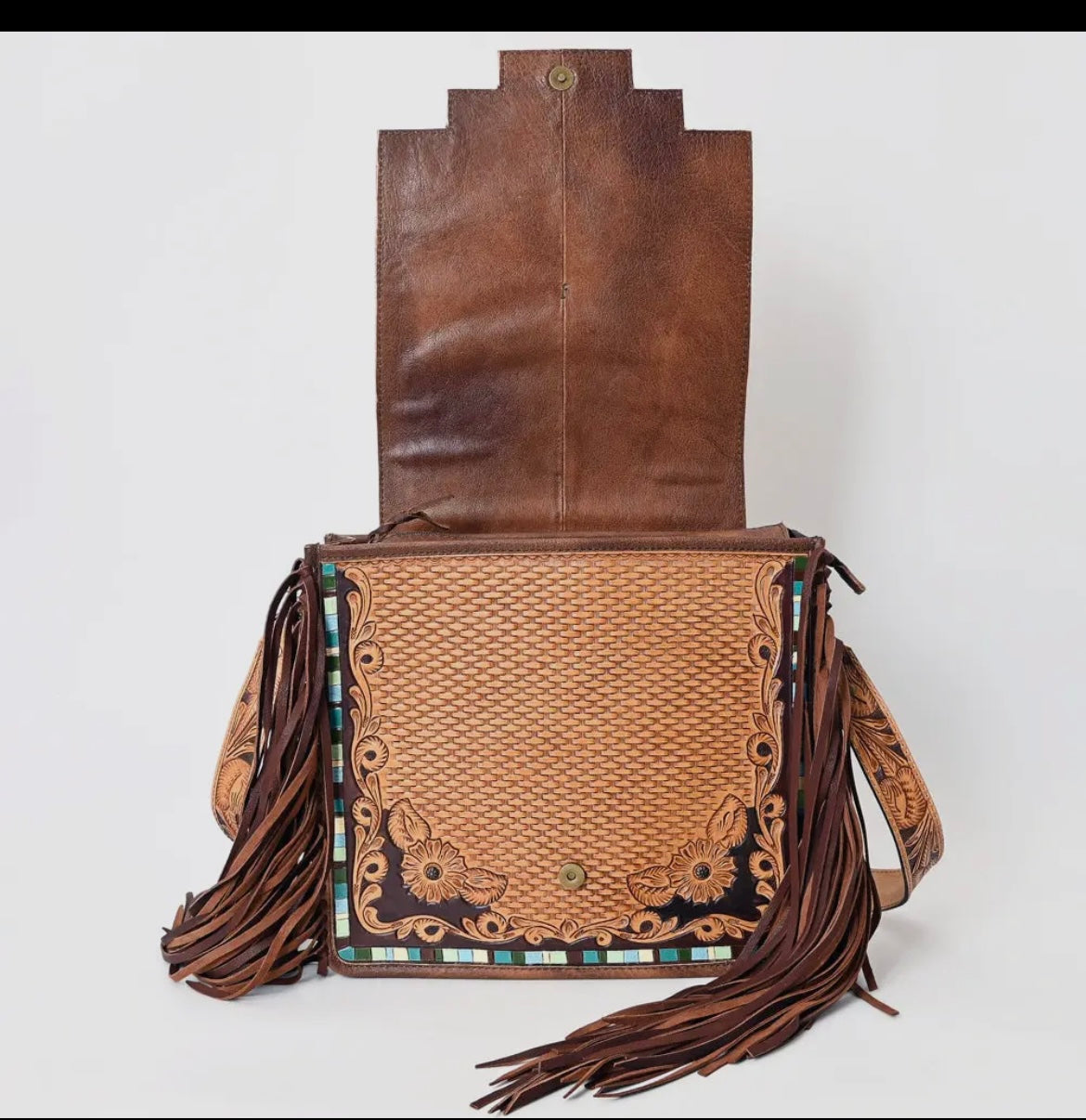 American Darling Cactus Turquoise Stone Tooled Genuine Leather Crossbody