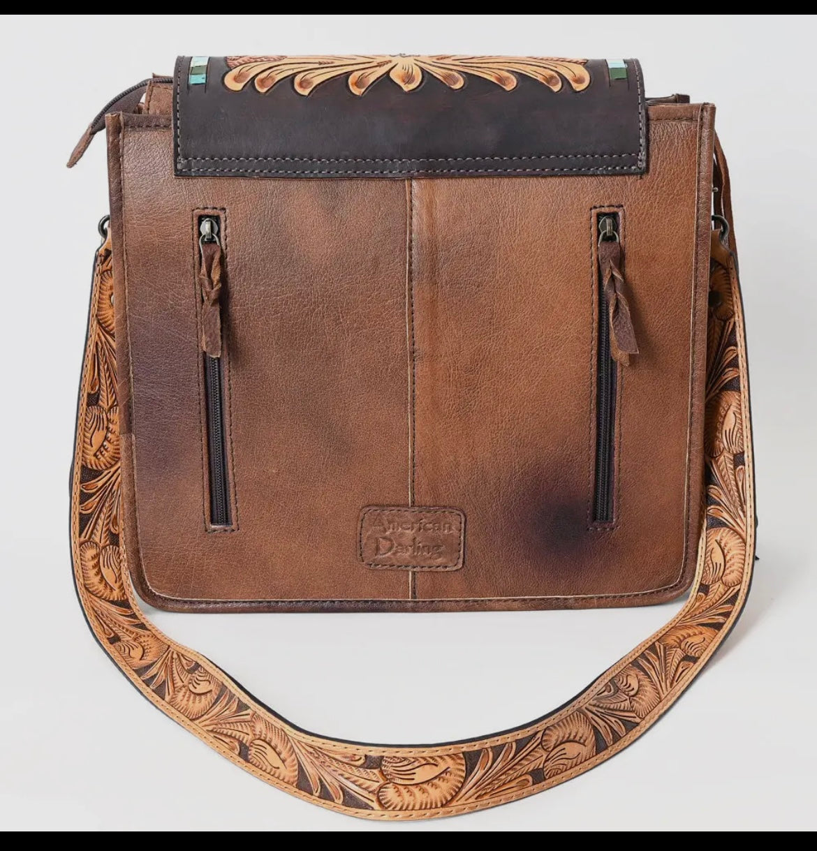 American Darling Cactus Turquoise Stone Tooled Genuine Leather Crossbody