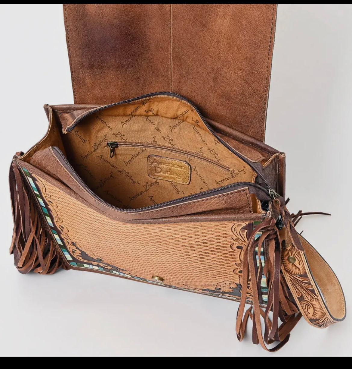American Darling Cactus Turquoise Stone Tooled Genuine Leather Crossbody